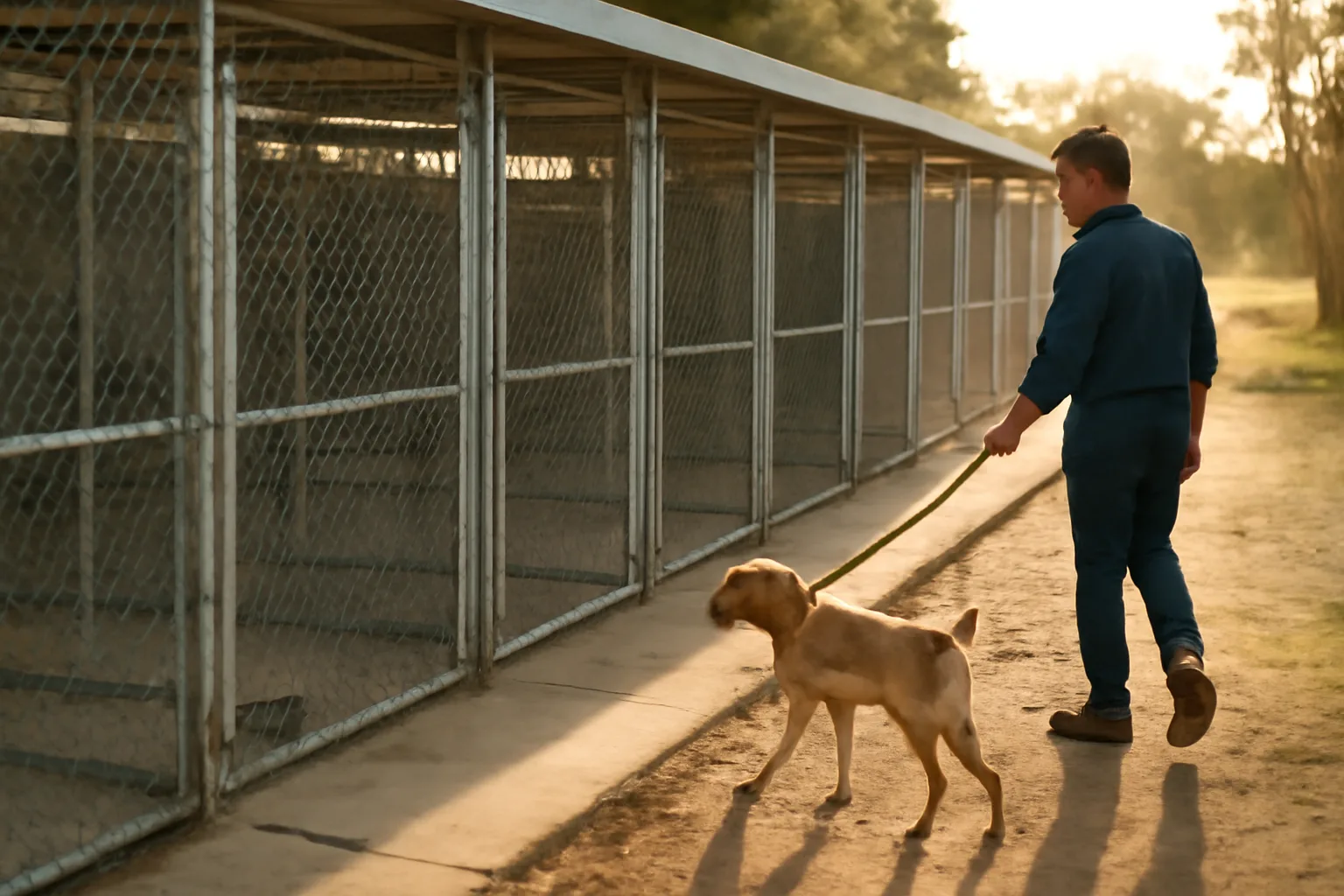 outdoor dog boarding kennel runs with a staff member walking a leashed dog