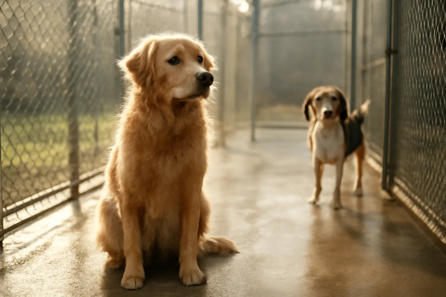 Two dogs in a clean outdoor kennel run during dog boarding at sunrise