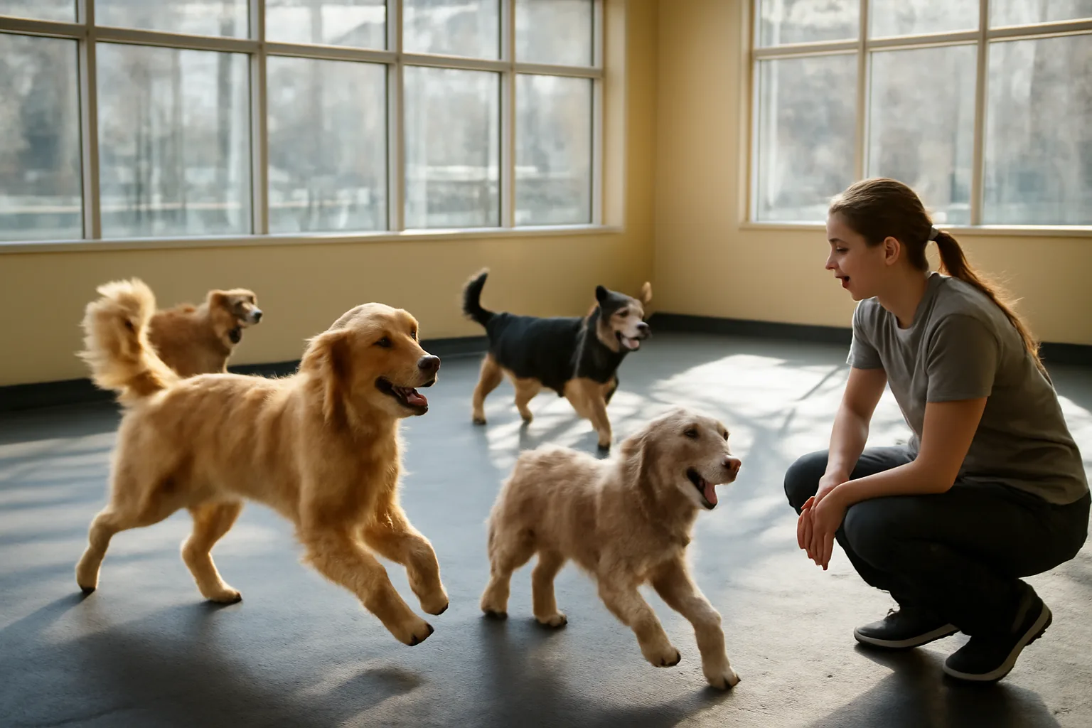 Dogs playing supervised in a bright indoor daycare and boarding facility play room