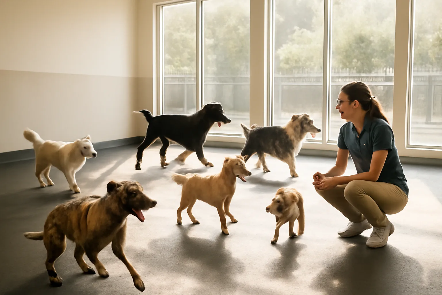 Dogs playing together in a bright indoor daycare play room