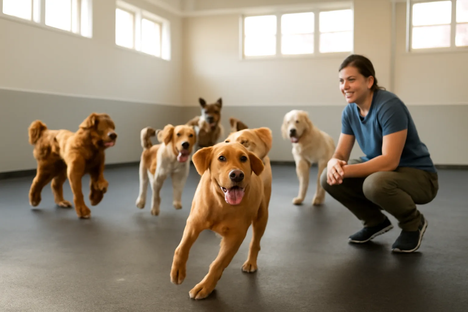 Dogs playing off-leash in a bright daycare playroom similar to Dogtopia Boca Raton