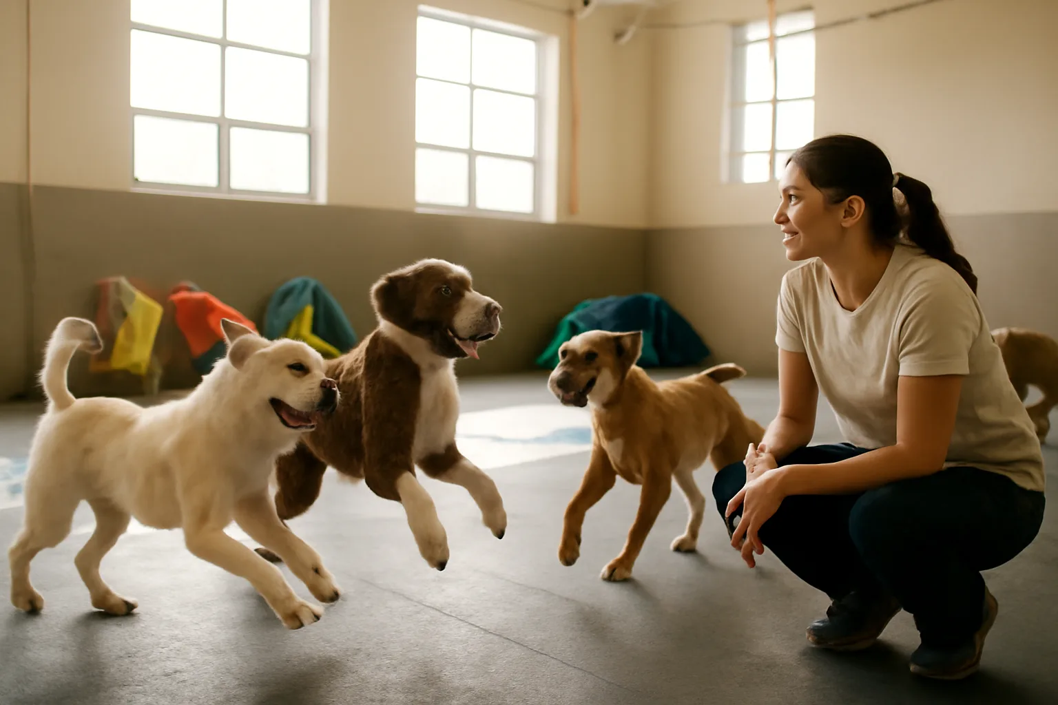 Staff member supervising dogs playing in an open indoor daycare facility playroom
