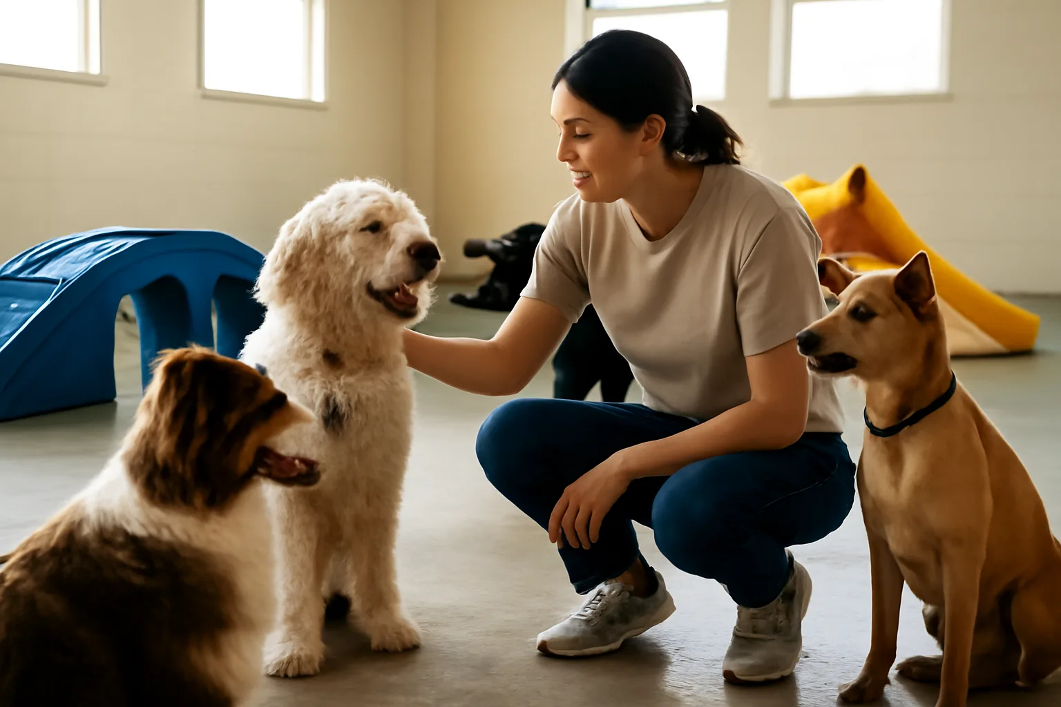 Dog daycare staff member supervising a small group of dogs during morning playtime