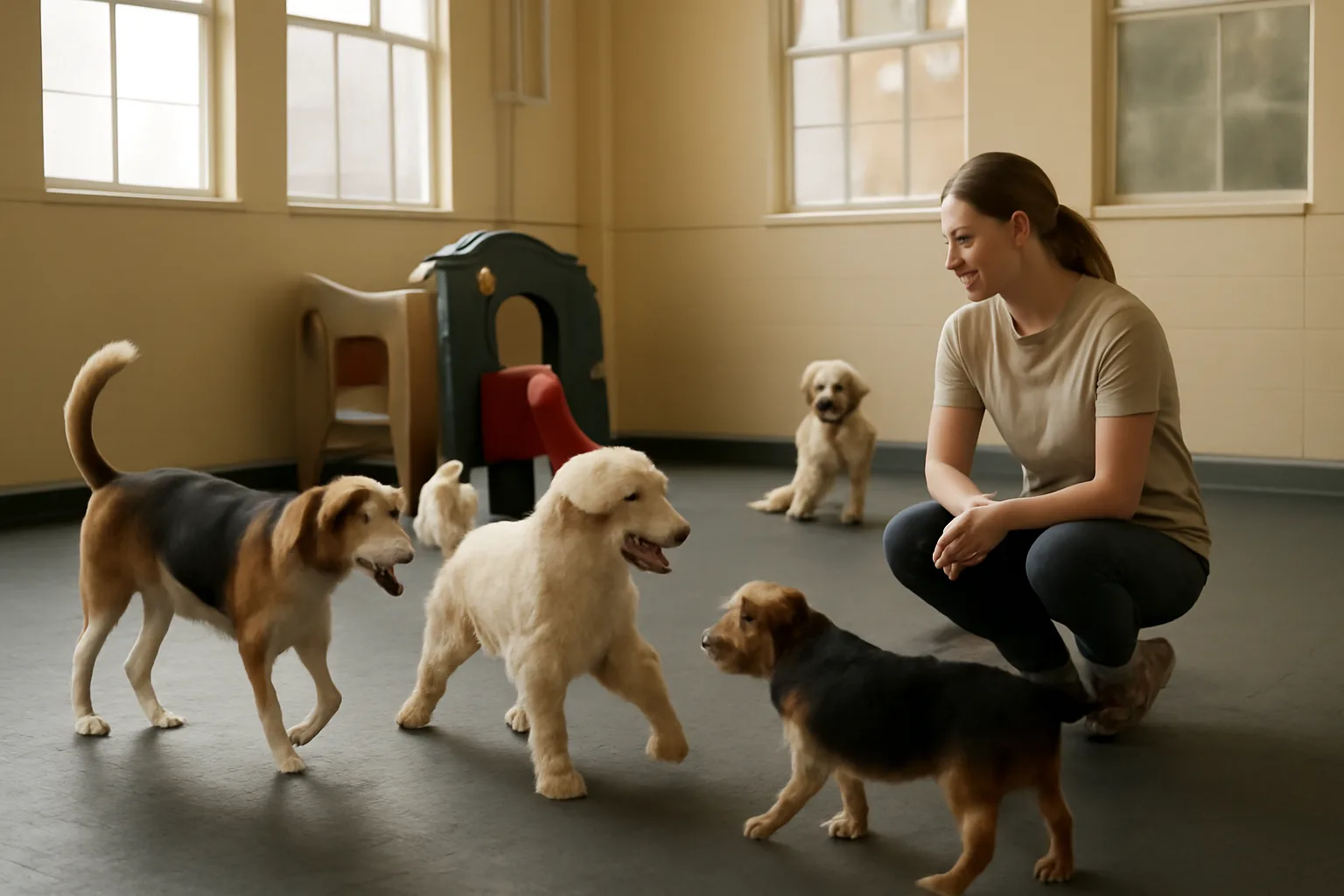 Dogs playing together on rubber flooring inside a dog daycare facility
