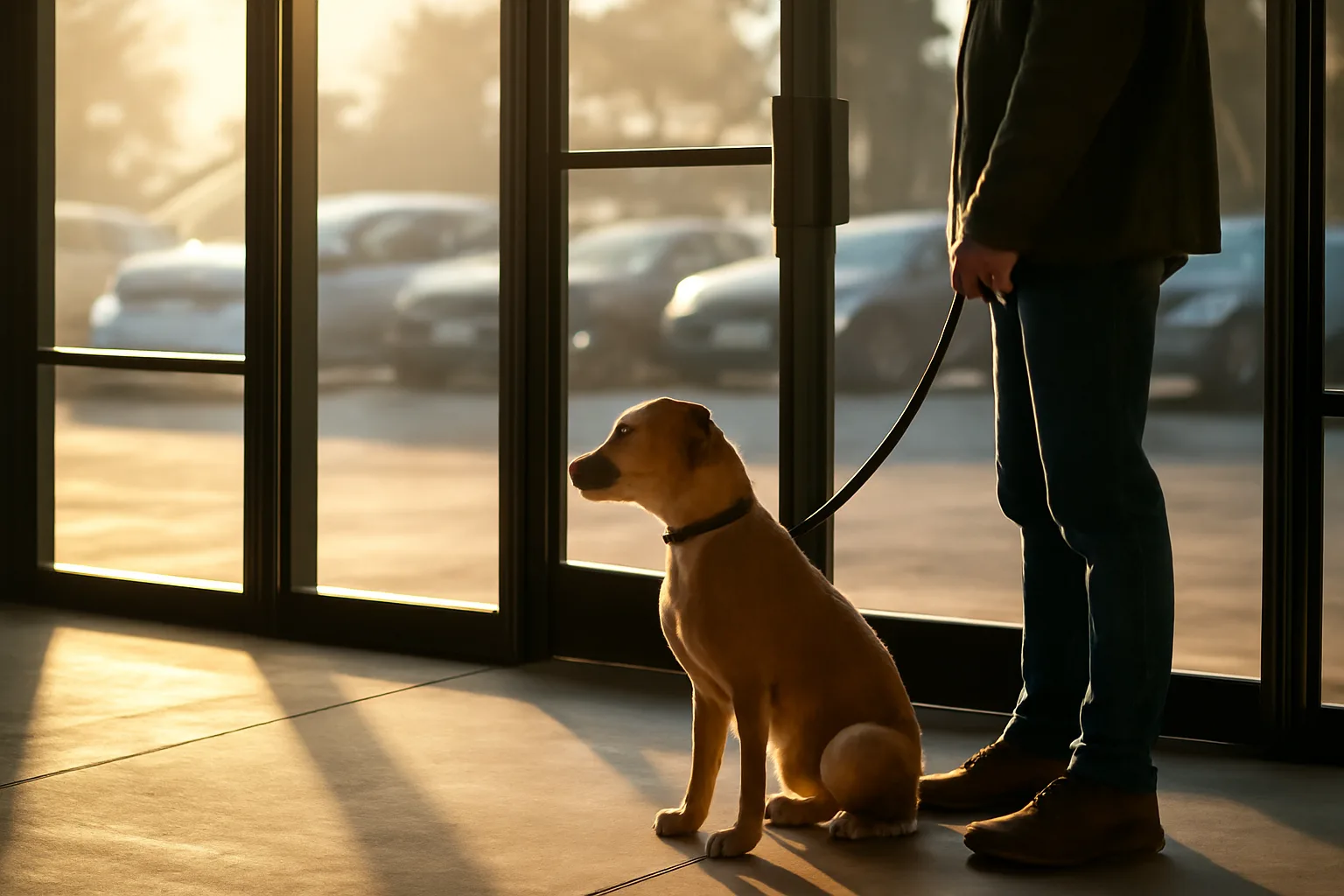 Dog and owner waiting outside a suburban dog daycare storefront near Concord Pike