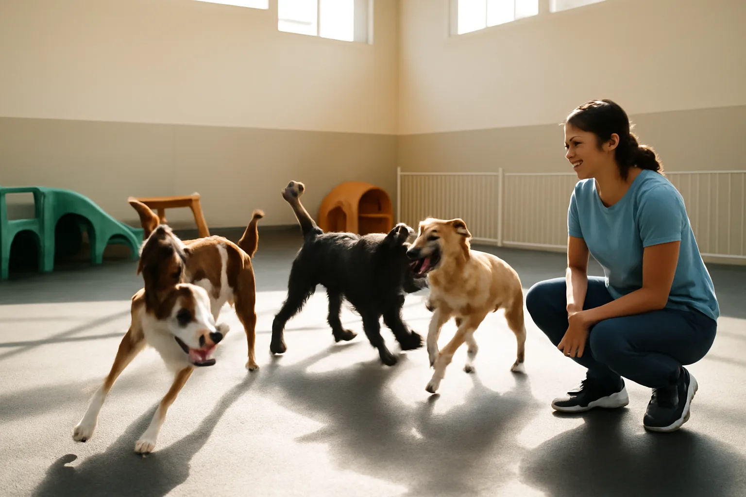 Staff member supervising dogs playing in a sunlit indoor daycare facility
