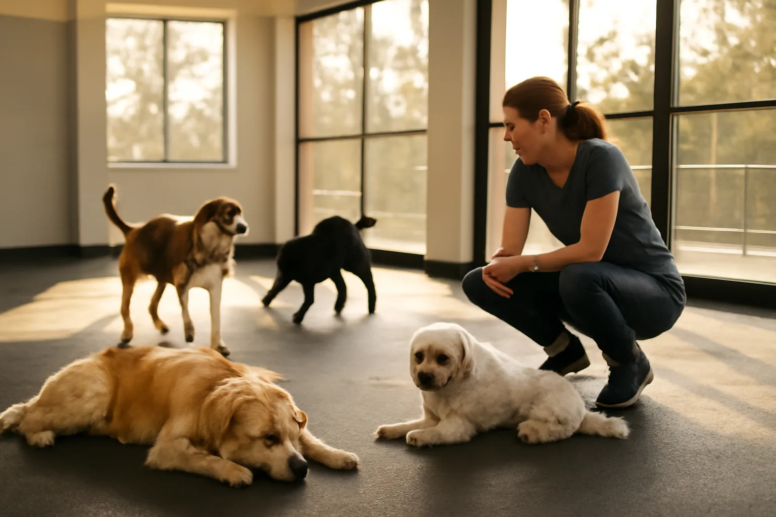 Open-play dog daycare room with dogs on rubberized flooring under morning light