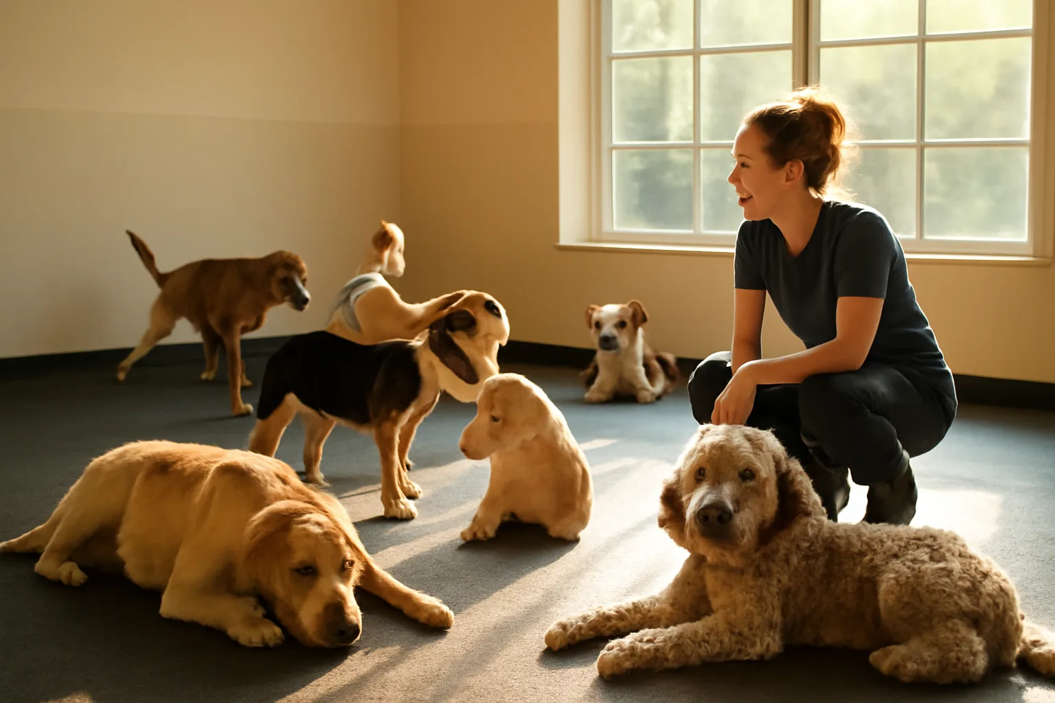 Dogs playing and resting inside a bright dog daycare and boarding facility play room