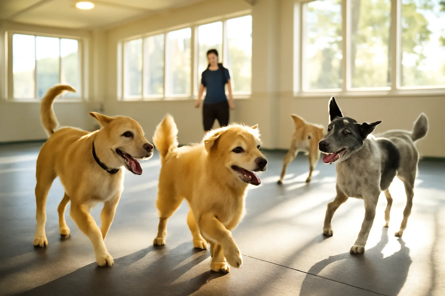 Dogs playing supervised in a sunlit indoor daycare play area