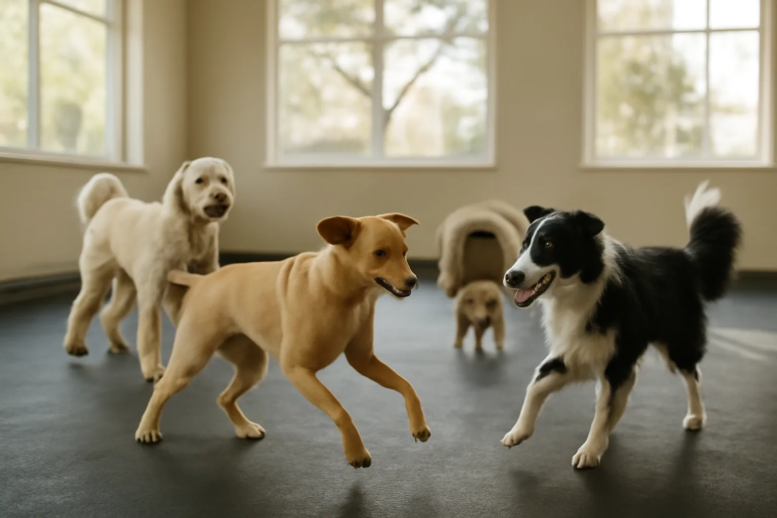 Dogs playing in an open indoor daycare room similar to Dogtopia Dulles