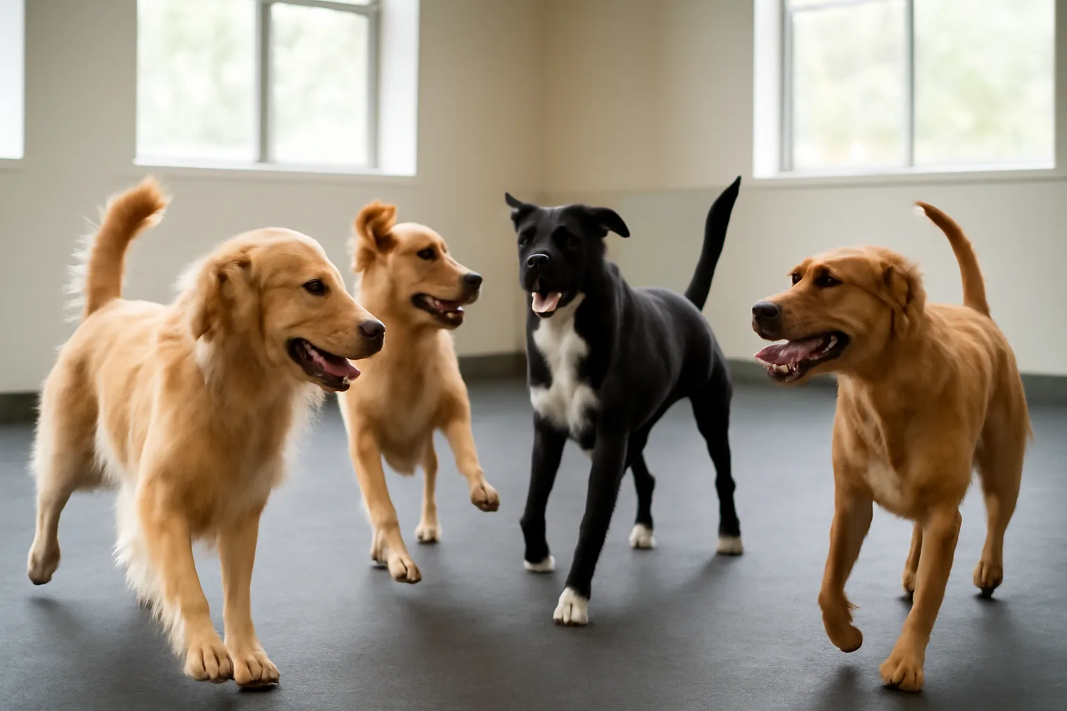 Dogs playing together in a bright indoor daycare playroom with rubber flooring