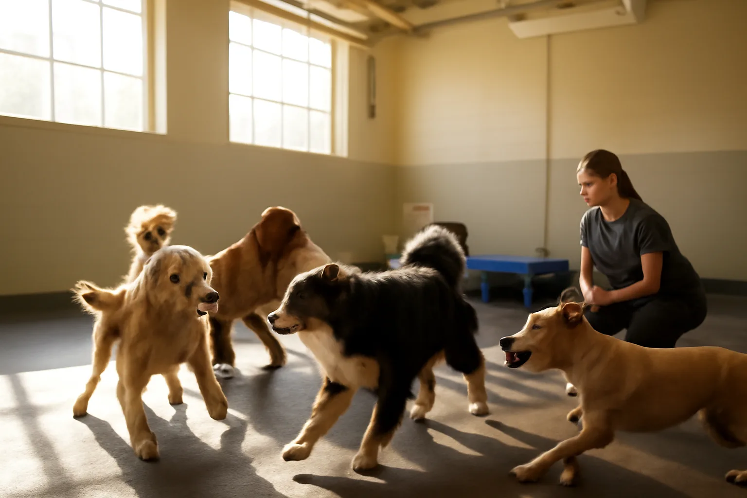 Dogs playing in an open indoor daycare room similar to Dogtopia Fort Myers