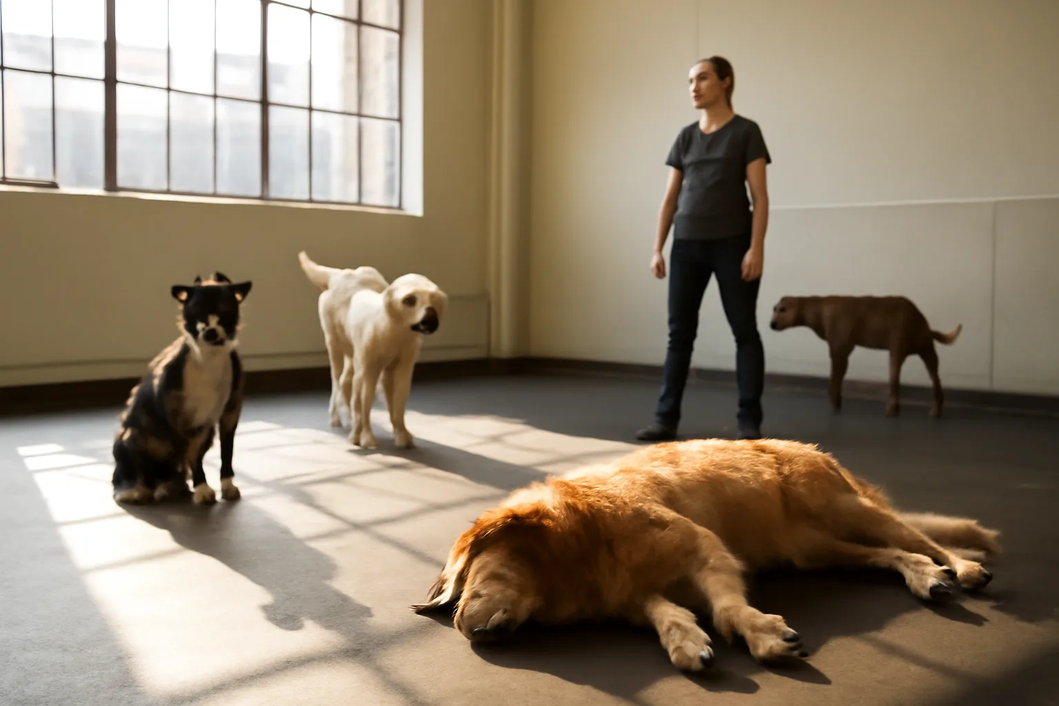 Indoor dog daycare play area with several dogs and a staff member present