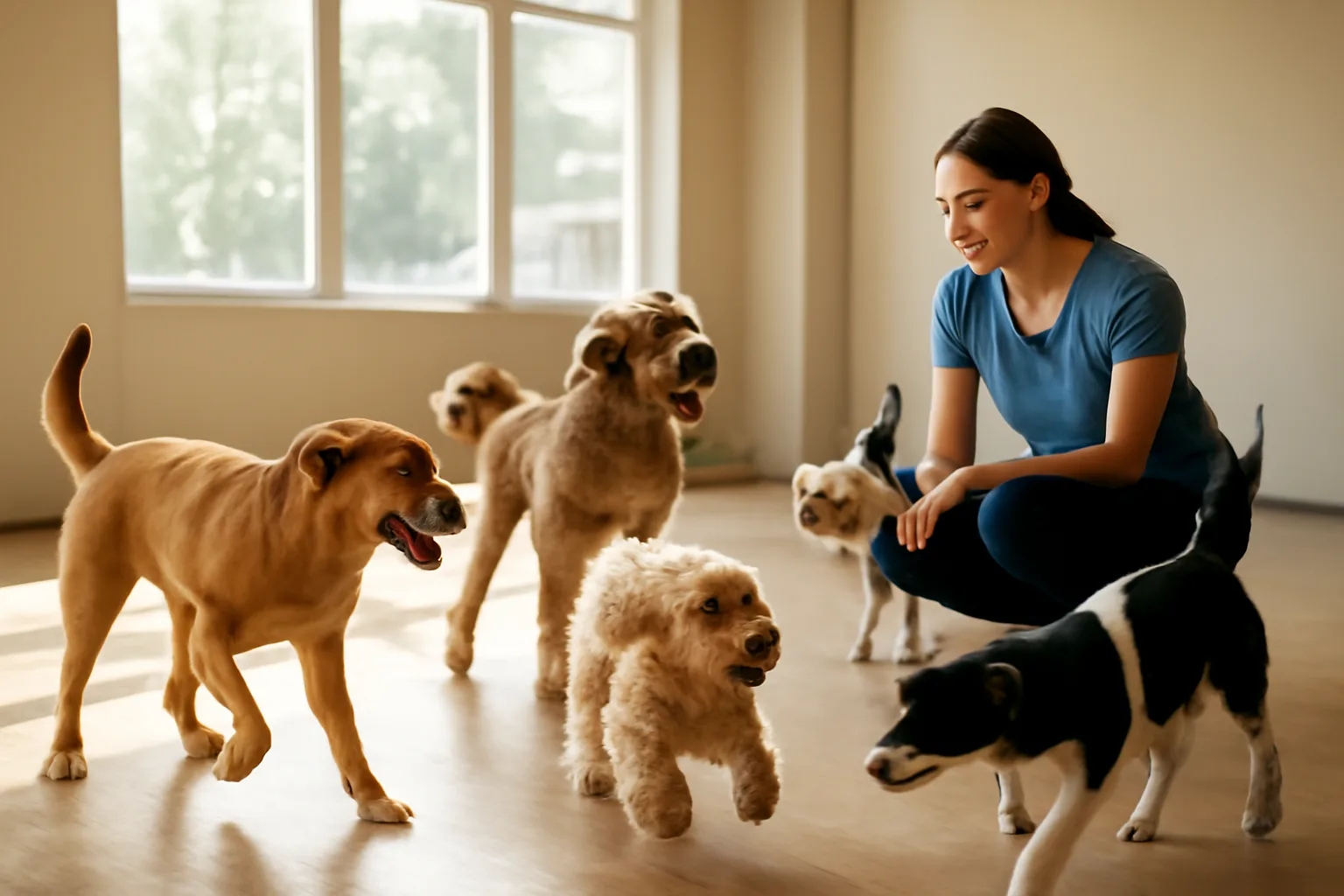 Dogs playing together in an open daycare play room at a boarding facility