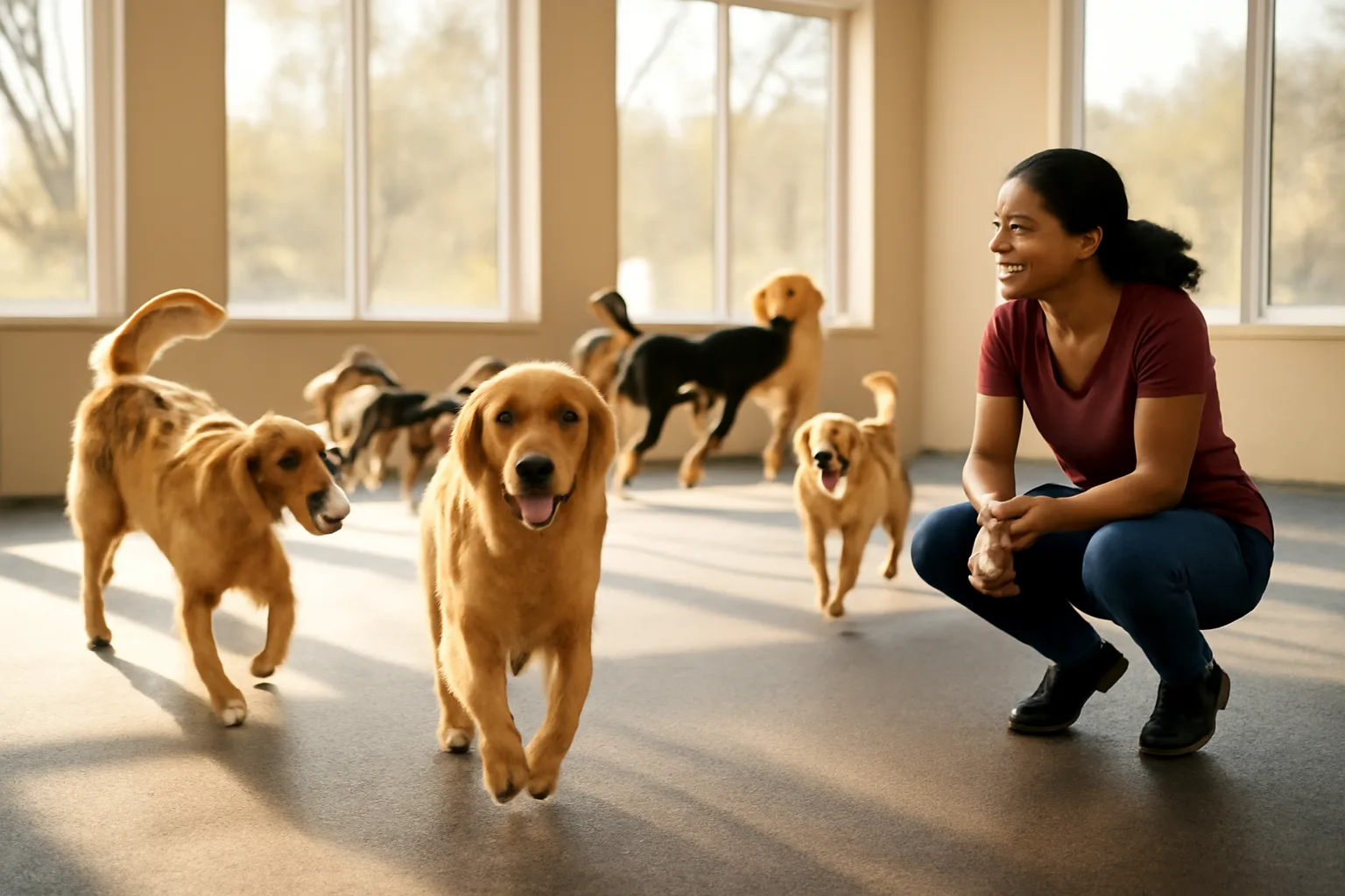 Dogs playing in an open indoor daycare room with a staff member supervising