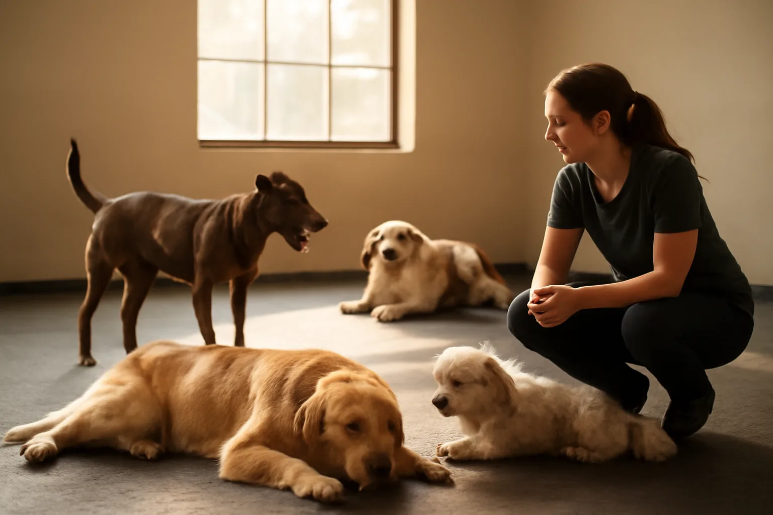 Dogs playing and resting in an open-play daycare and boarding facility playroom