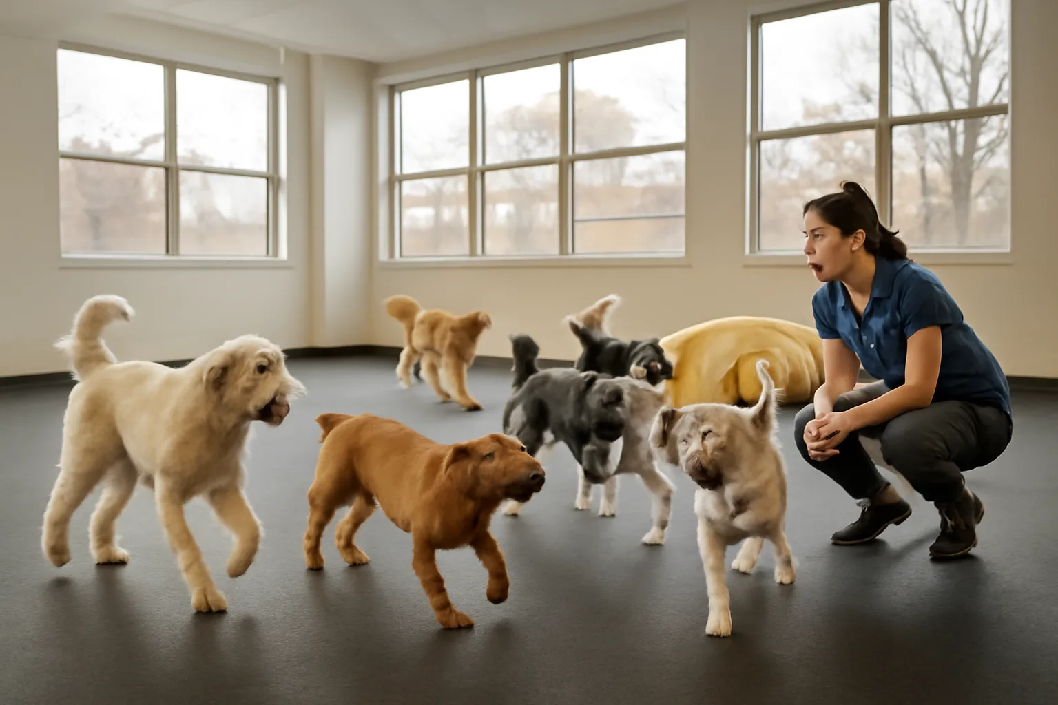 Dogs playing together in a bright open daycare playroom near Grand Rapids