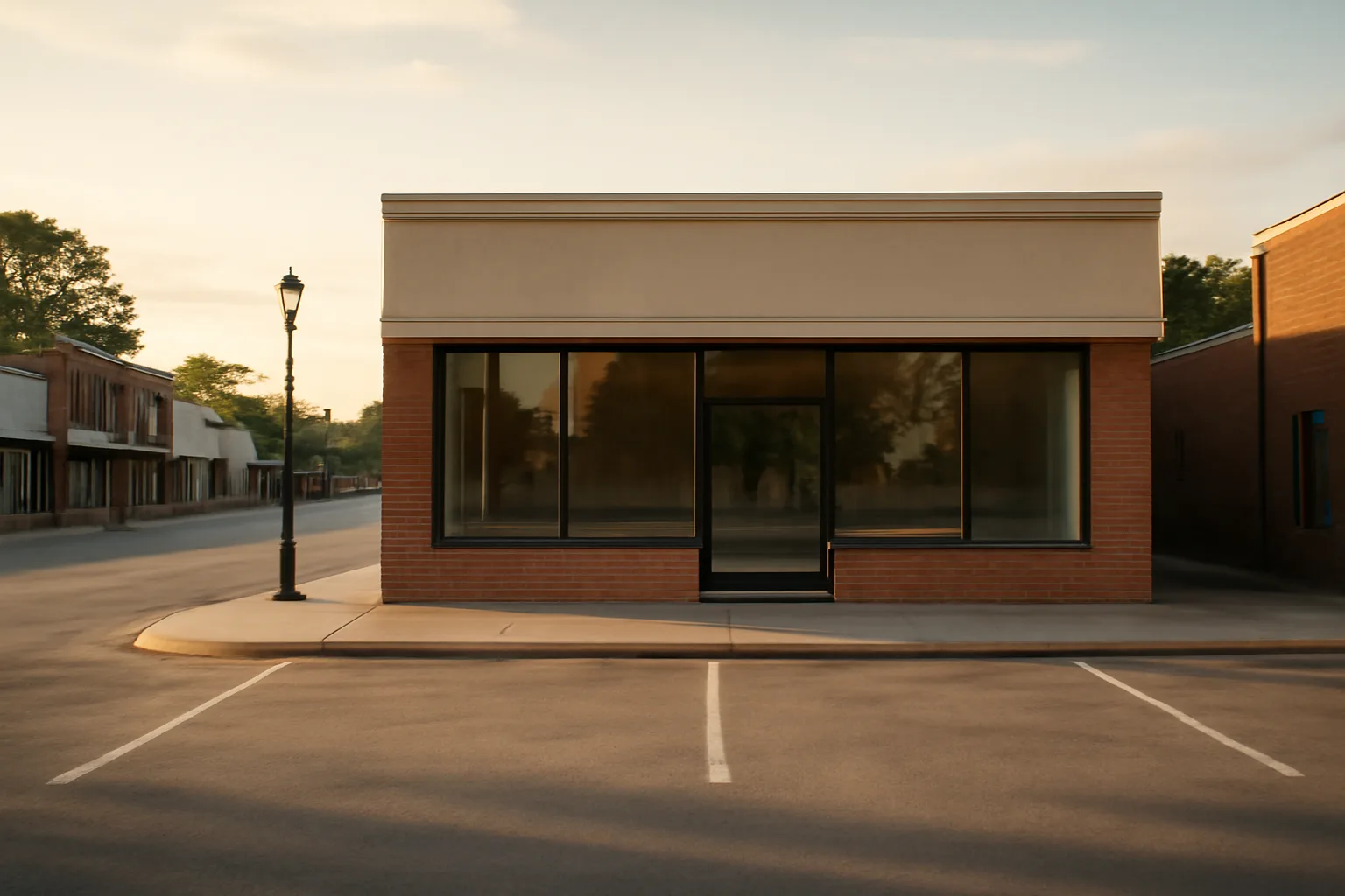 Small-town storefront building at dusk resembling a dog daycare facility exterior