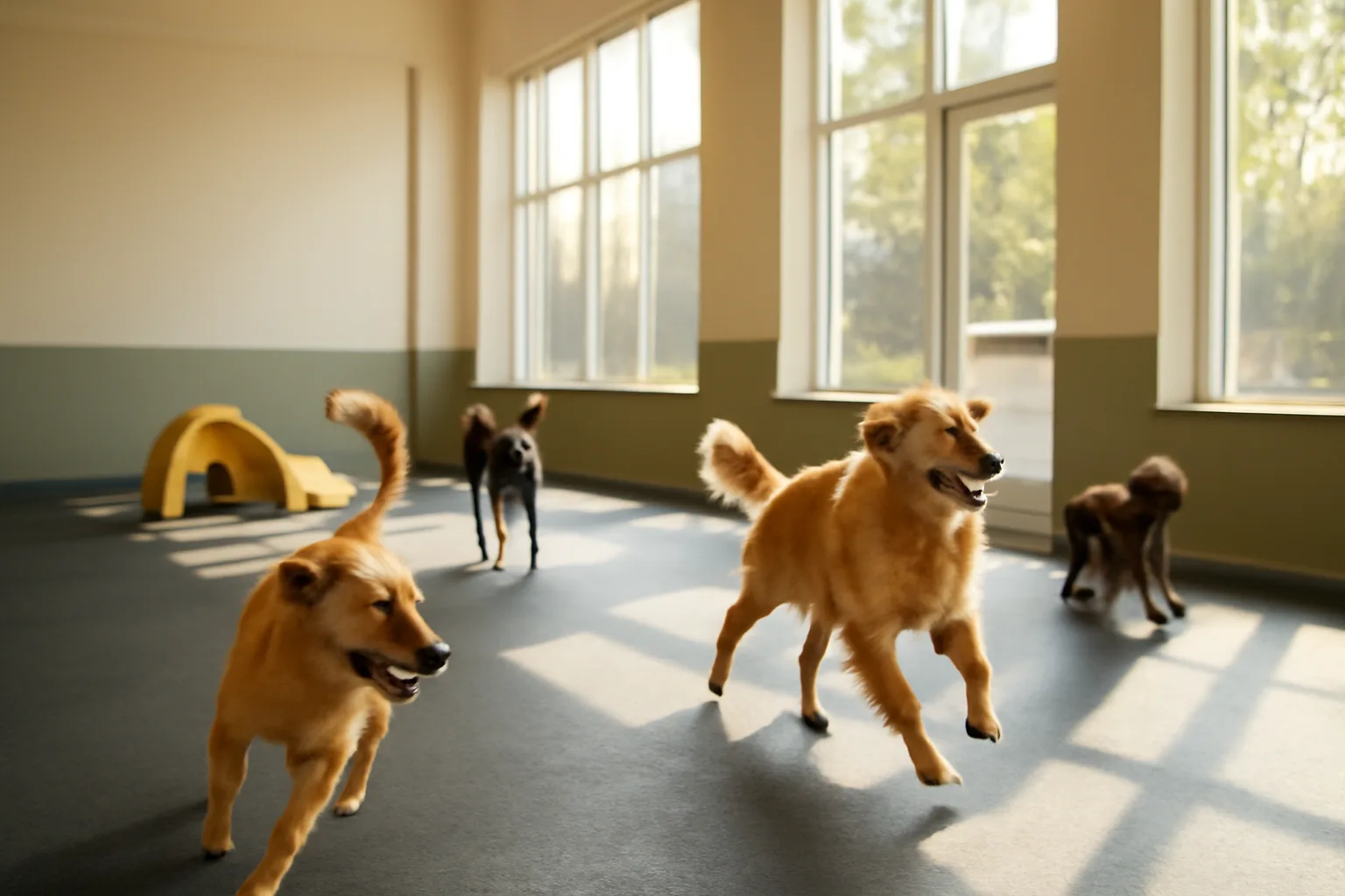 Dogs playing inside a sunlit commercial dog daycare facility play area