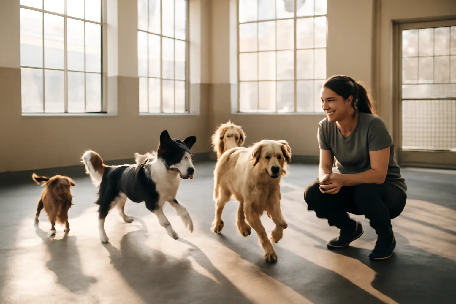 Staff member supervising several dogs playing indoors at a daycare facility