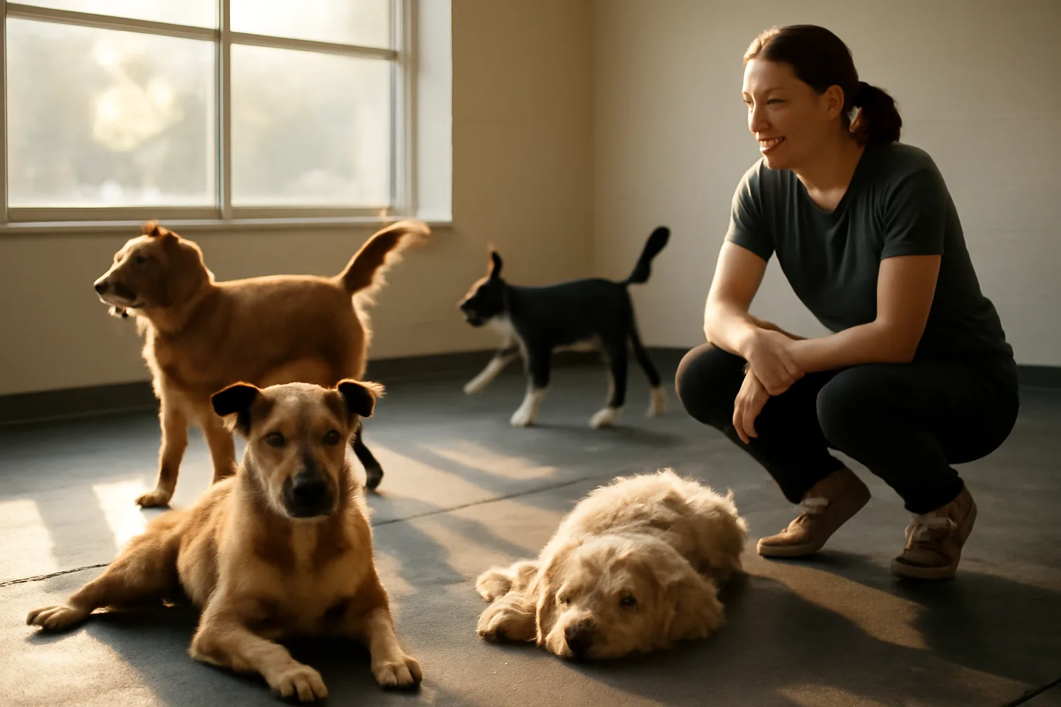 Dogs playing in a bright commercial daycare facility similar to Dogtopia Latham