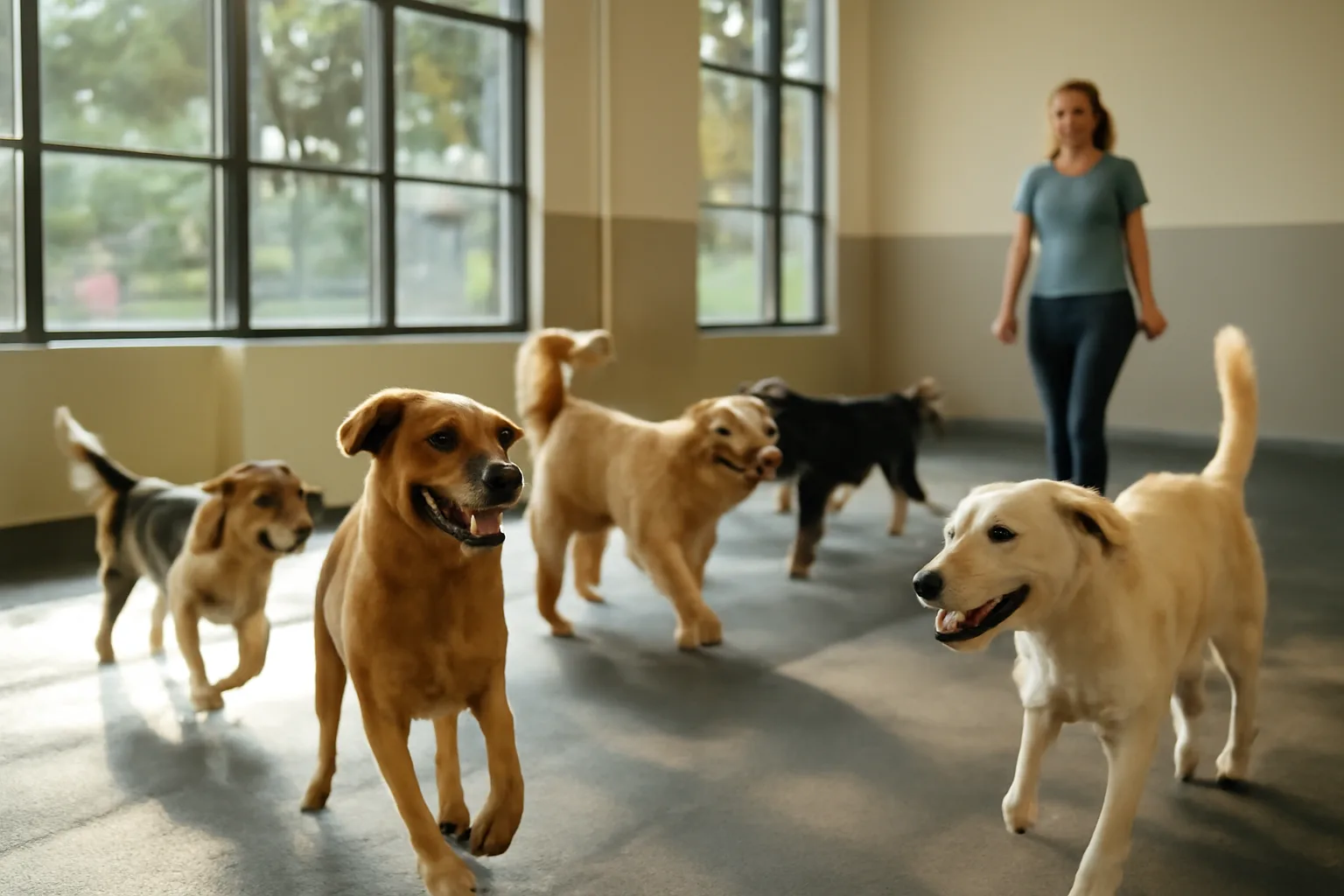 Dogs playing in a bright daycare play room similar to Dogtopia Lexington KY