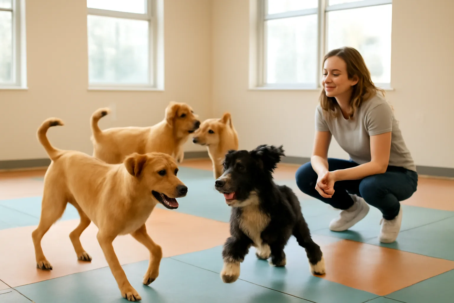 Indoor dog daycare play area with dogs and a supervising staff member