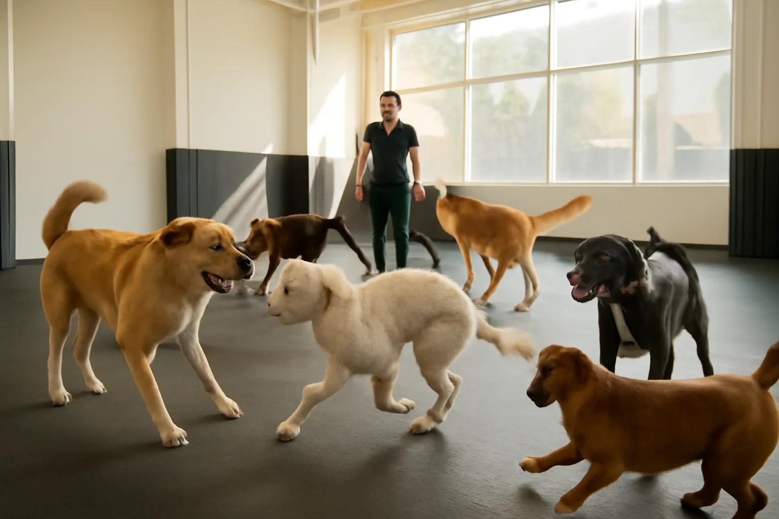 Dogs playing in a bright indoor daycare room similar to Dogtopia Midlothian