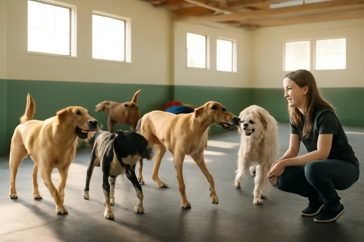 Dogs playing together in an open indoor daycare play area similar to Dogtopia Milwaukee