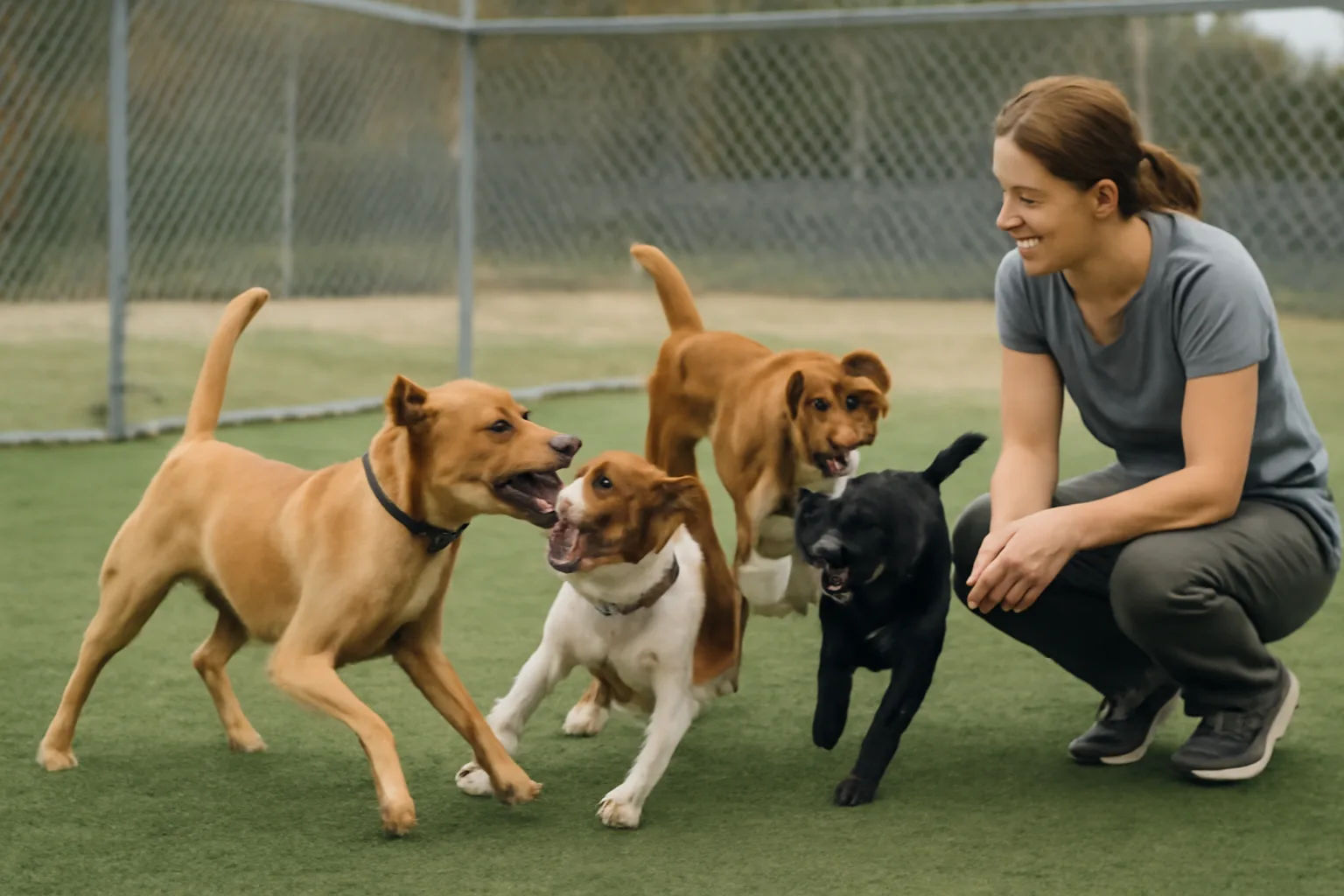Dogs playing in a fenced daycare yard with a staff member supervising