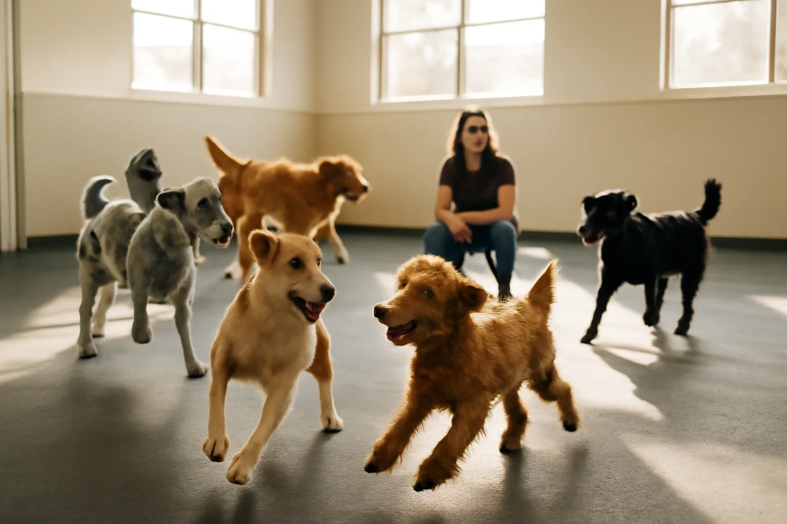 Dogs playing together in an open daycare play room similar to Dogtopia of Davis