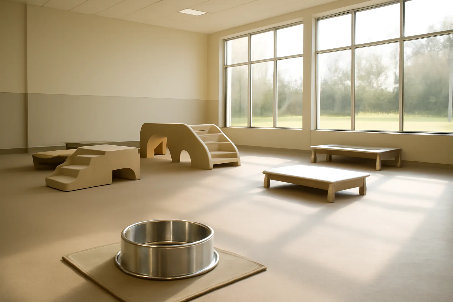 Empty sunlit indoor dog daycare play area with open floor and water station