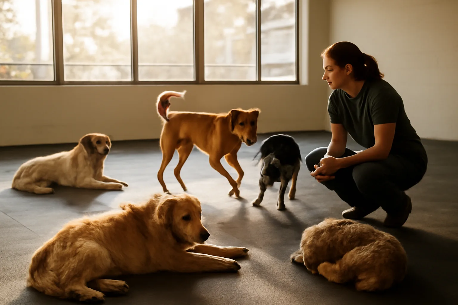 Dogs playing and resting in a bright indoor daycare play area near Fredericksburg VA