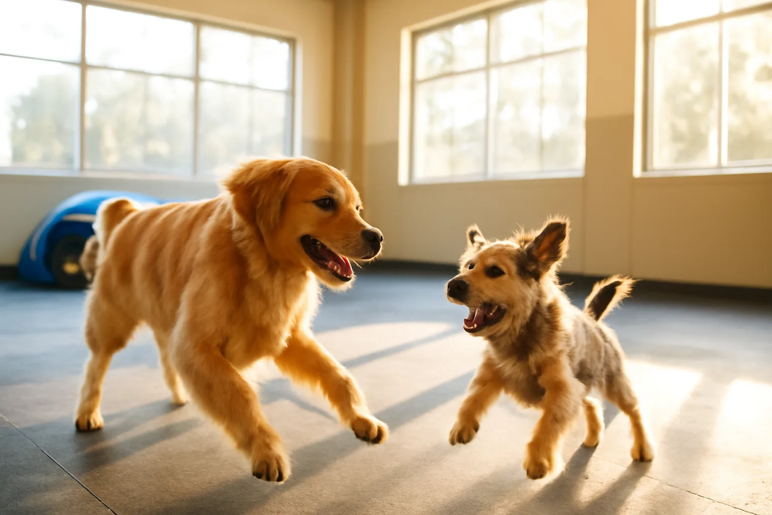 Two dogs playing in a bright indoor daycare facility play area