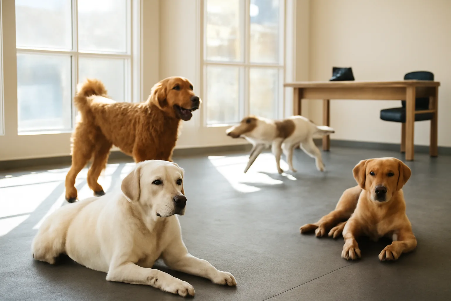 Indoor dog daycare play area with natural light and several dogs resting