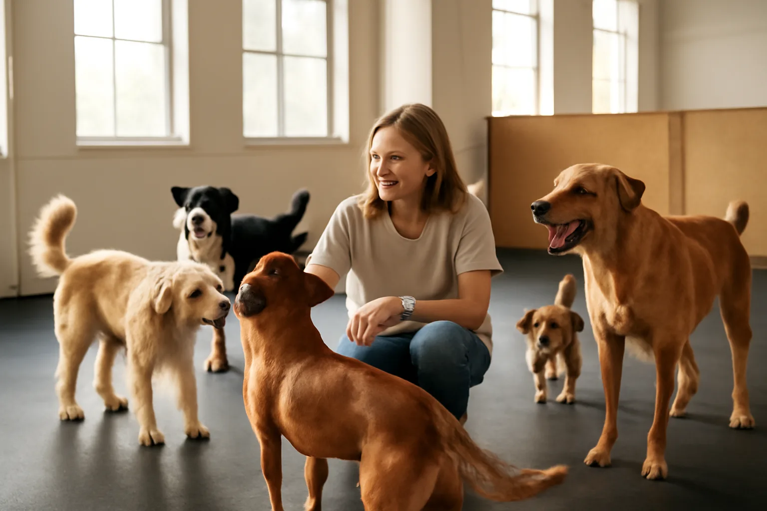 Staff member supervising dogs at play in a daycare facility similar to Dogtopia of Sandy Springs