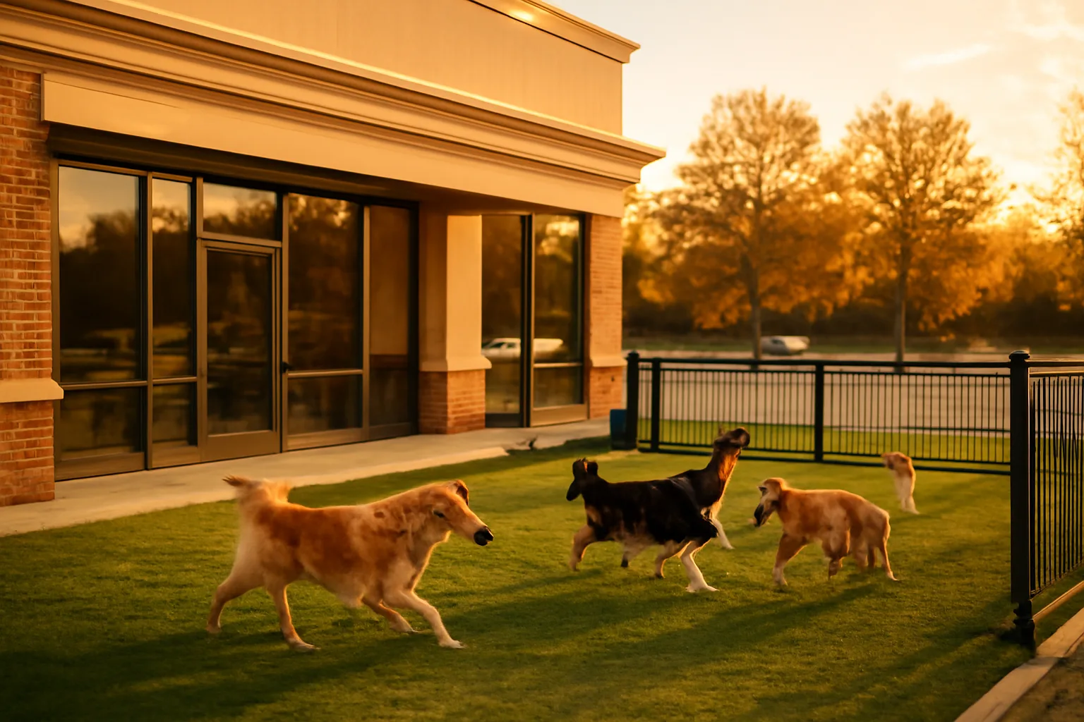 Outdoor play yard beside a suburban dog daycare storefront in late afternoon light