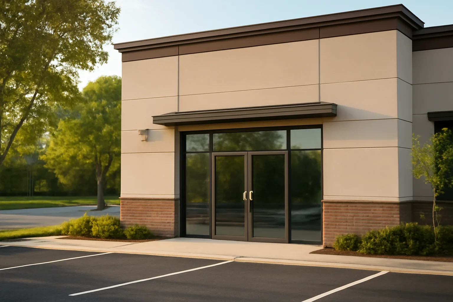 Suburban commercial building exterior representing a dog daycare and boarding facility in Springfield VA