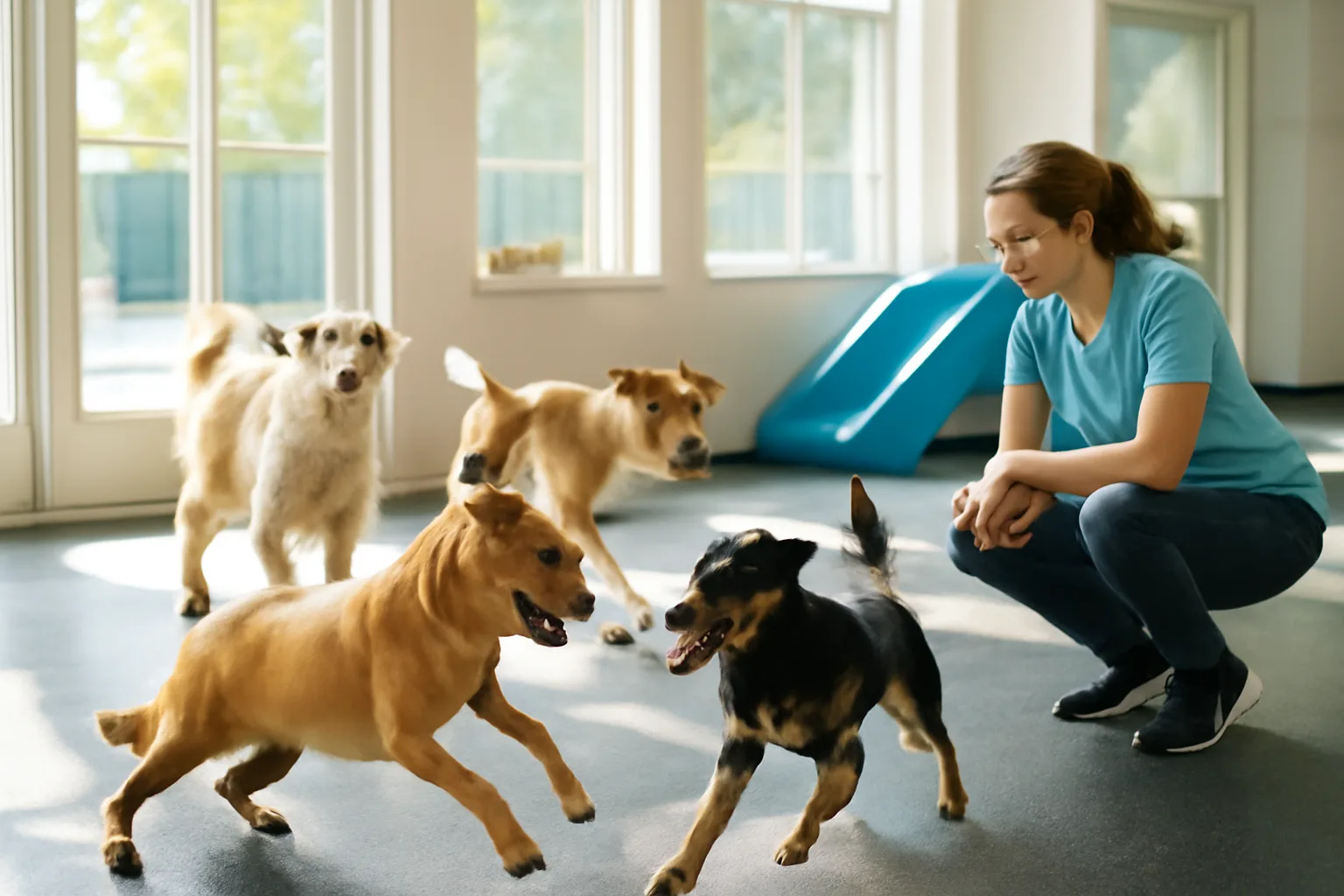Dogs playing in a sunlit indoor daycare play area with a staff member supervising