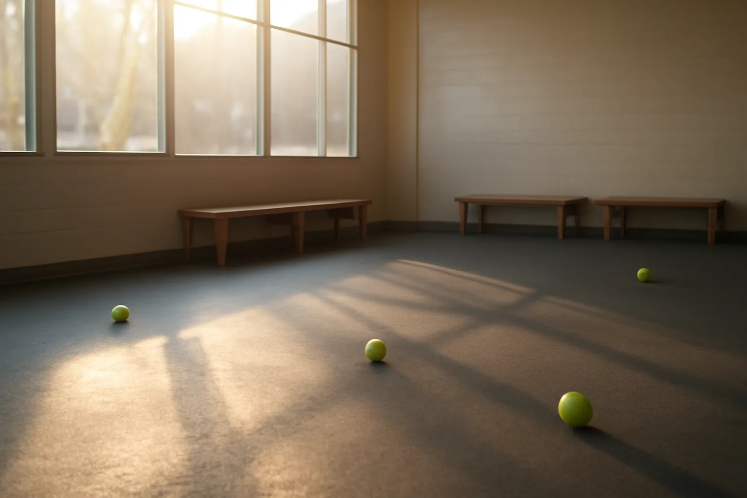 Sunlit indoor dog daycare play area with rubber flooring and scattered tennis balls
