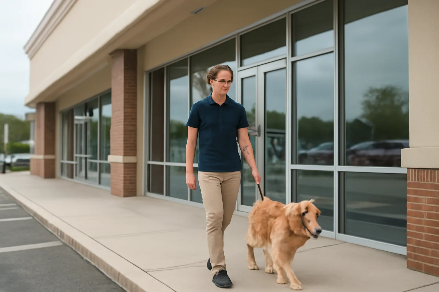 Exterior of a suburban dog daycare and boarding storefront with a staff member walking in a dog