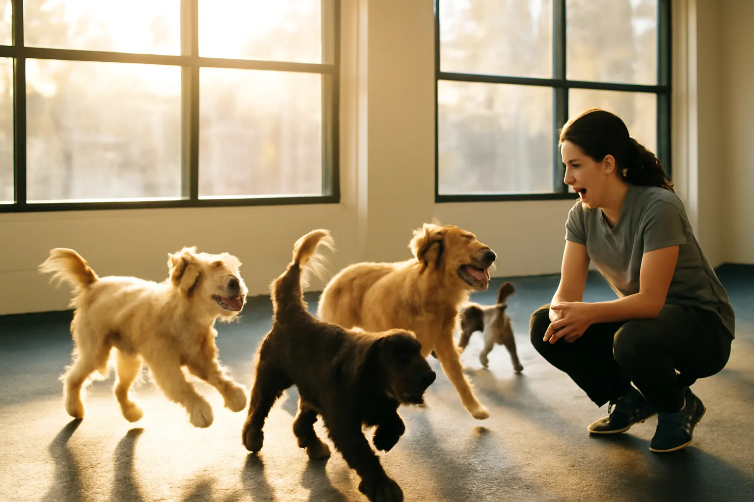 Dogs playing supervised in a bright suburban daycare facility like Dogtopia Owings Mills