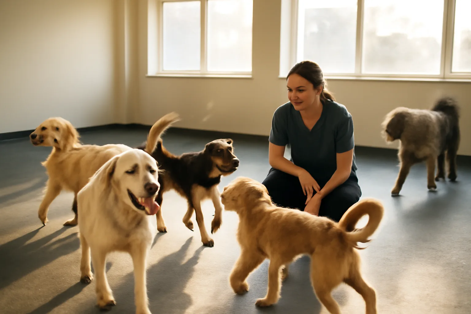 Dogs playing in an open daycare playroom similar to a Dogtopia Parker facility