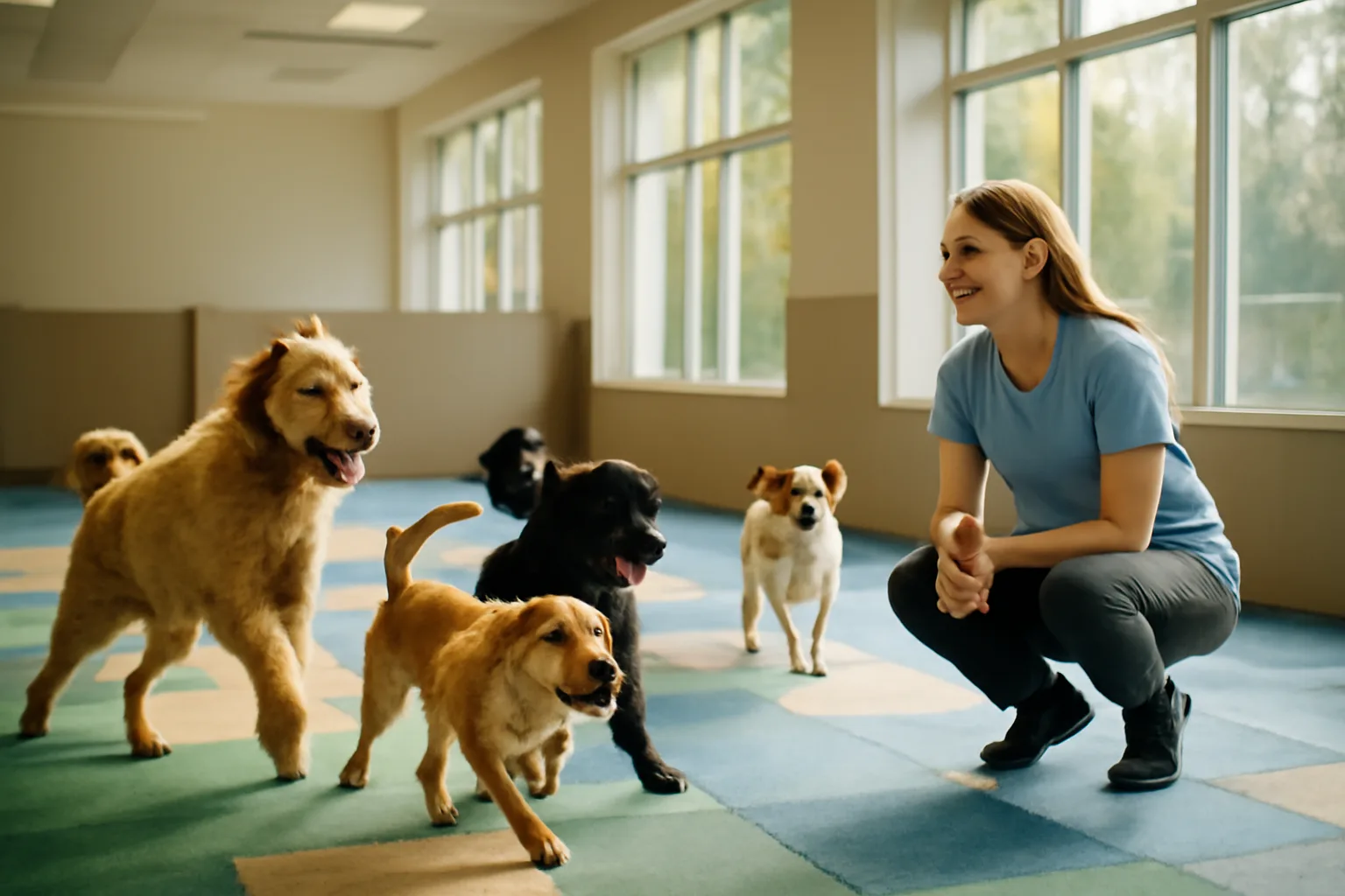 Dogs playing supervised in a bright indoor daycare room similar to Dogtopia Roanoke