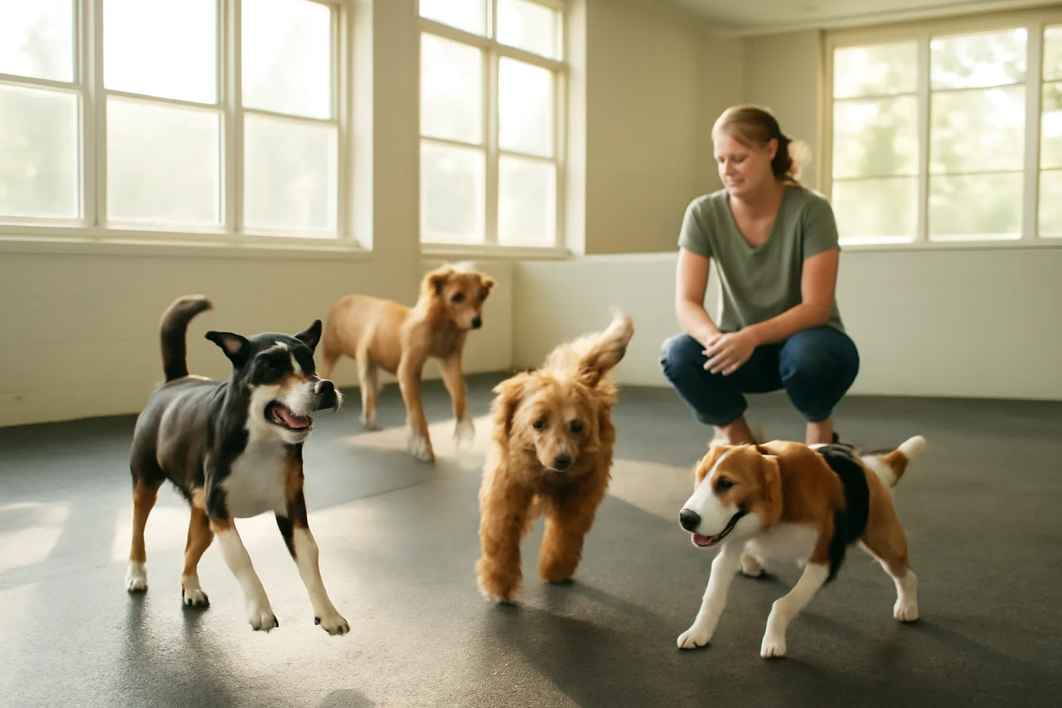 Dogs playing in a sunlit daycare play area similar to Dogtopia Rock Hill