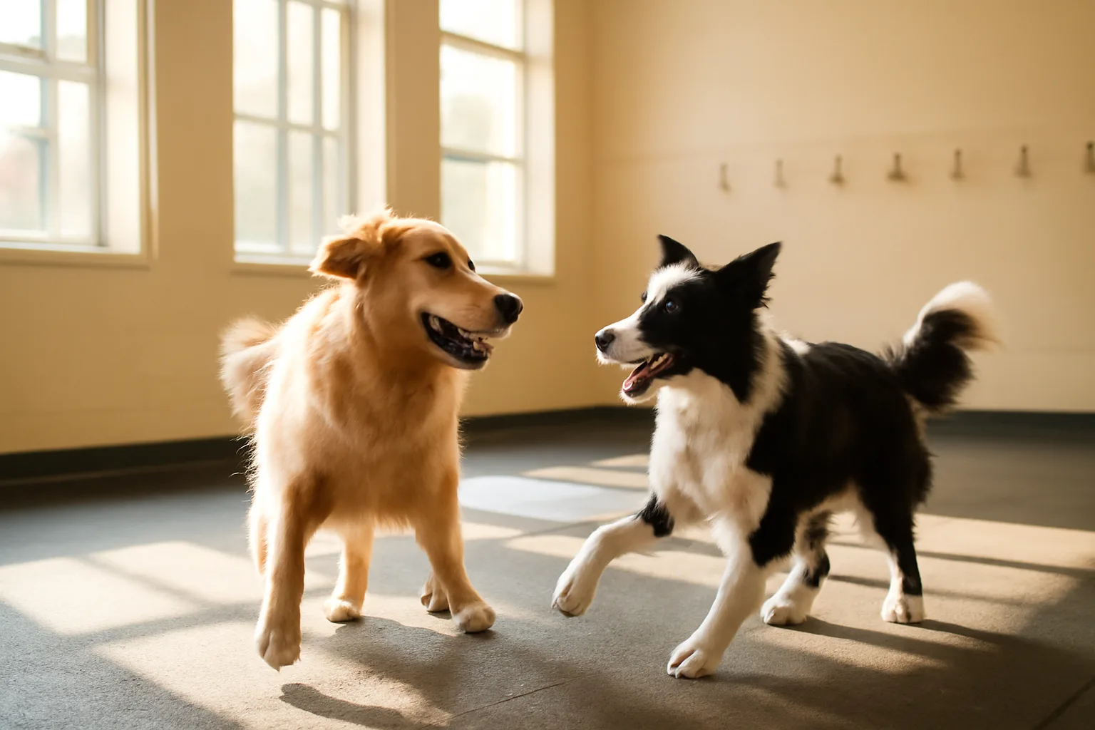 Two dogs playing inside a sunlit indoor dog daycare facility play room