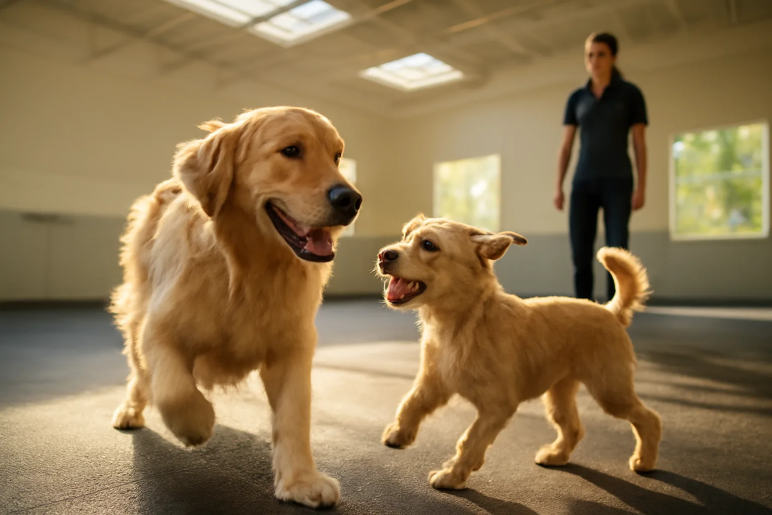 Two dogs playing indoors at a dog daycare facility similar to Dogtopia Roseville