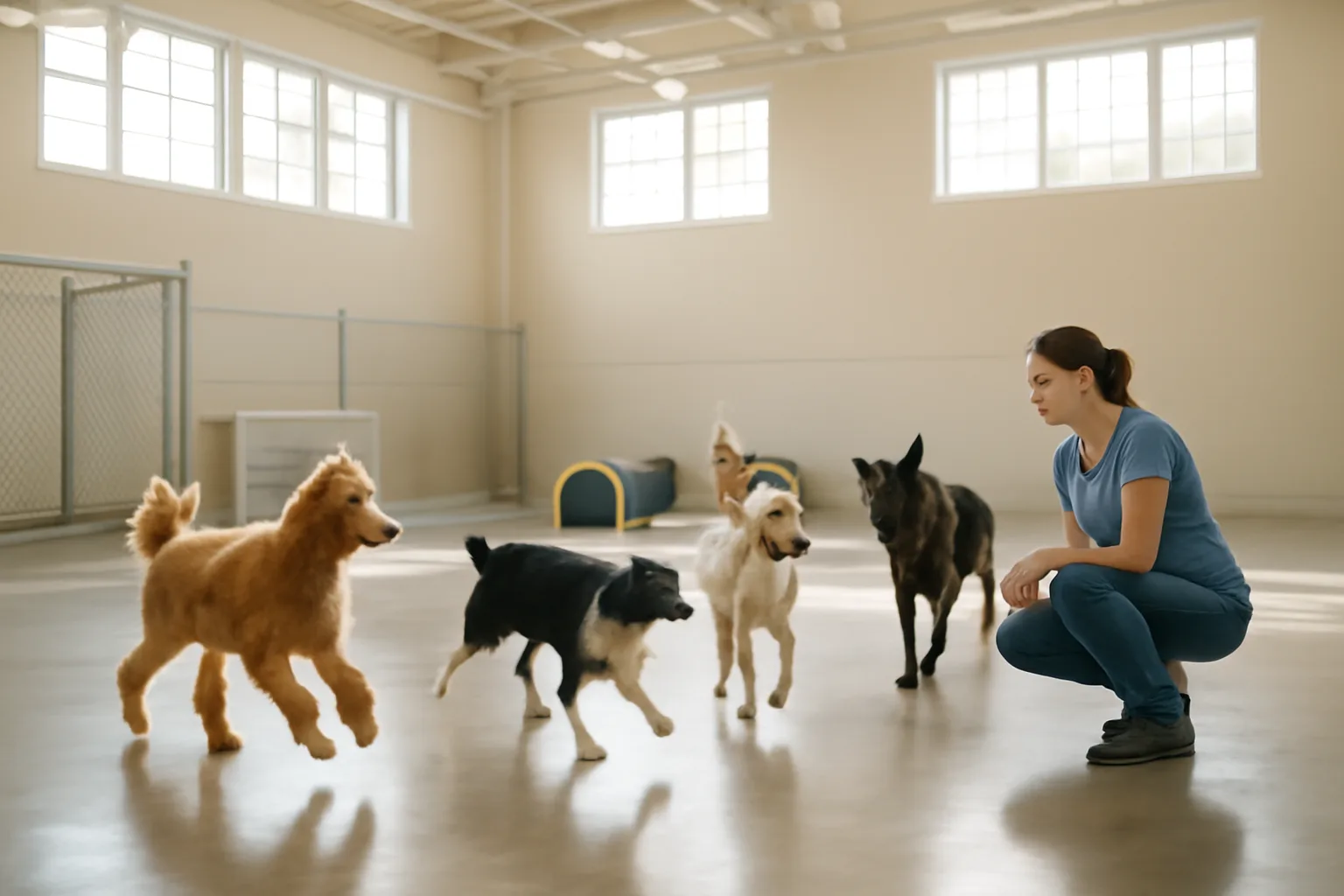 Dogs playing in a bright commercial daycare and boarding facility play area