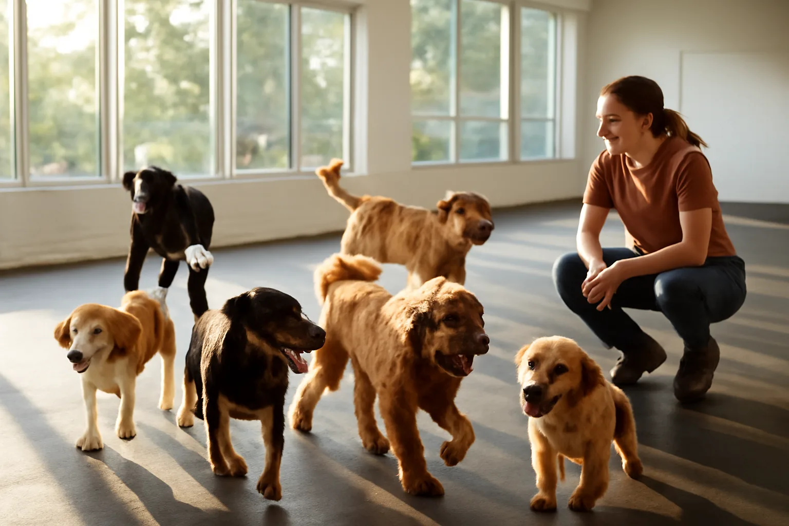 Dogs playing together in a sunlit indoor daycare facility play yard