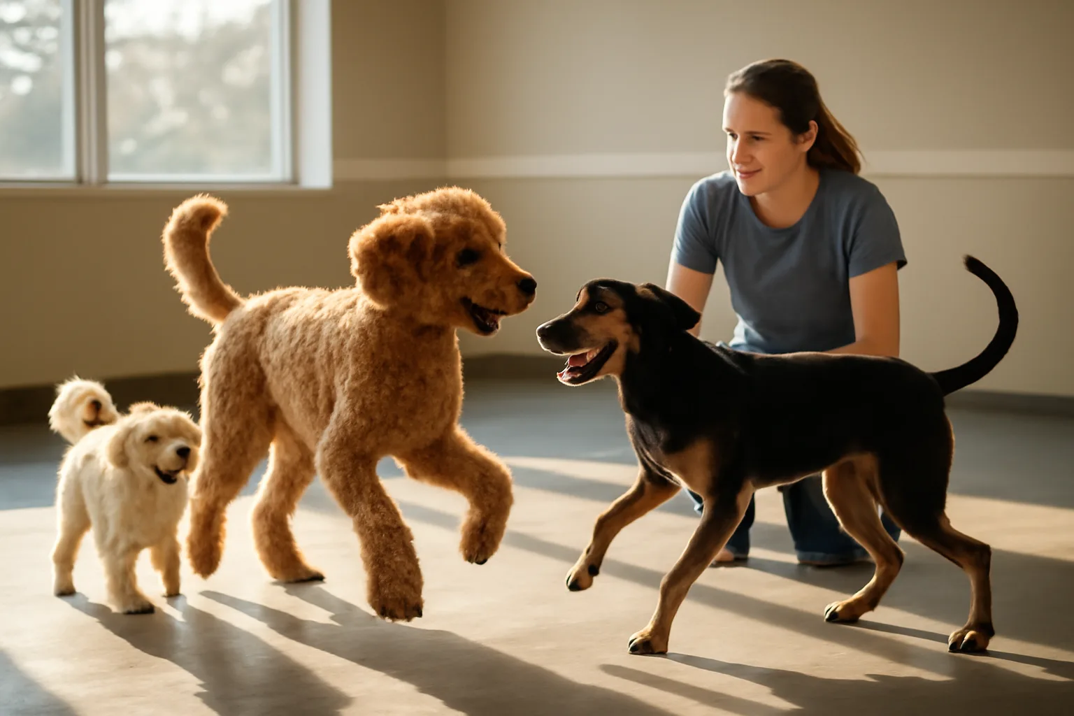 Staff supervising dogs of different sizes playing in a sunlit indoor daycare room